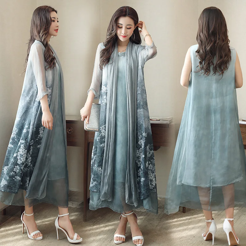 

2019 Summer Flounced Skirt Sleeveless Long Skirts A- type Floral Dress Crew Neck High-waisted Fashion Elegant Dress Outfit