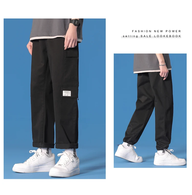 black casual pants Cargo Pants Men's Spring Leisure Bunched Pants Korean Hong Kong Style Straight Leg Loose Nine Cent Pants Khaki best business casual pants