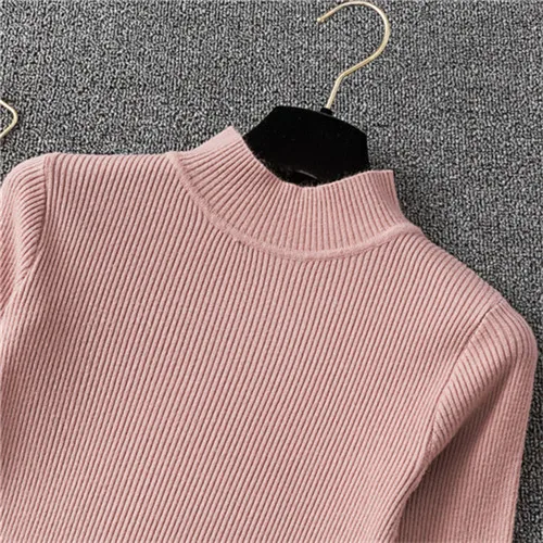 Черный, белый, розовый, желтый, синий женский свитер с высоким воротом осень зима теплый тонкий длинный рукав базовый вязаный пуловер Джемпер - Цвет: Розовый