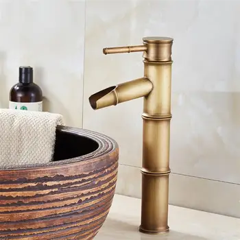 

1pc High Basin Faucet Antique Copper Bamboo Shape Faucet Hot And Cold Water Mixer Water Tap With 2pcs Water Inlet Tube