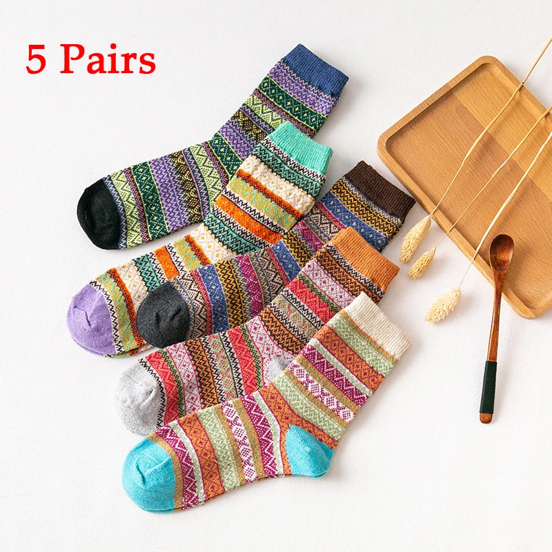 

5 Pairs Winter Warmer Women Thicken Thermal Wool Cashmere Snow Socks Fashion Casual Euramerican National Wool Socks for Women