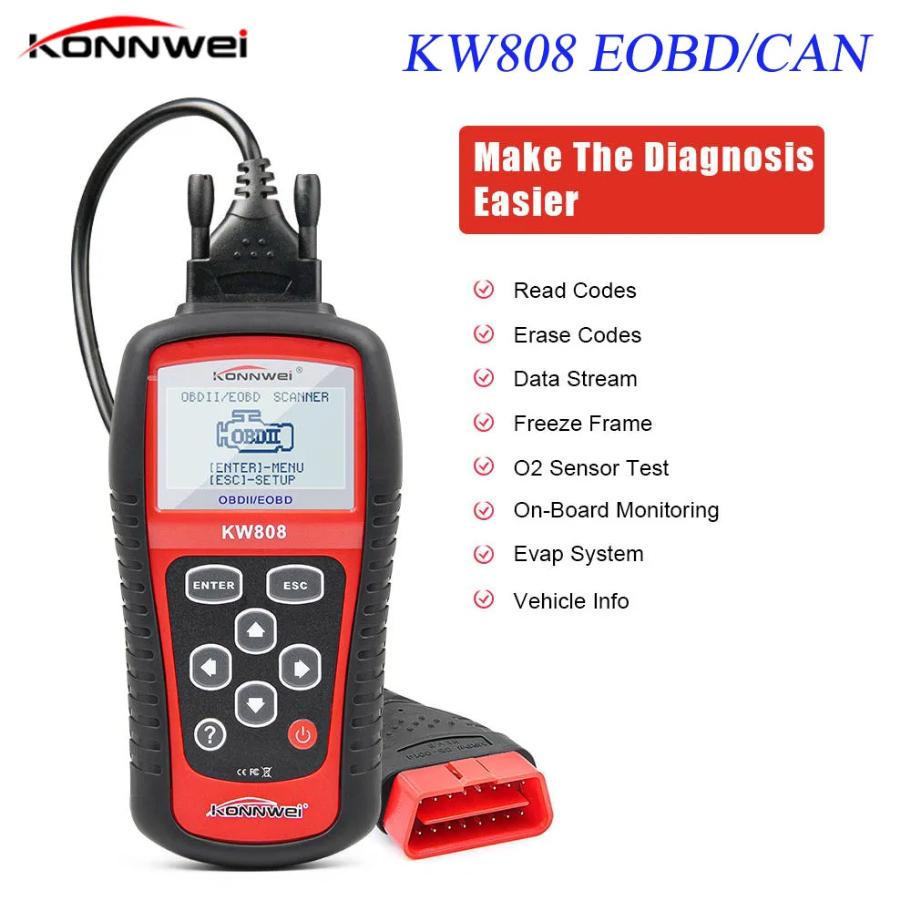 Новинка KONNWEI KW808 Профессиональный OBDII/EOBD автомобильный считыватель кодов и автоматический сканер автомобильный декодер обнаружения диагностический сканирующий инструмент