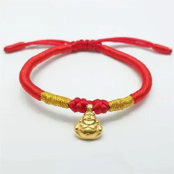 

New Real 999 24k Yellow Gold Bracelet Women 3D Little Buddha Bead with Red Cord Weave Bracelet