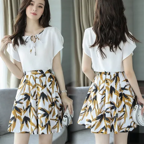 

2019 Summer New Style Fashion Small Fresh Chiffon WOMEN'S Suit Two-Piece Set Outer Wear Casual Elegant Short-sleeve Dress Fashio