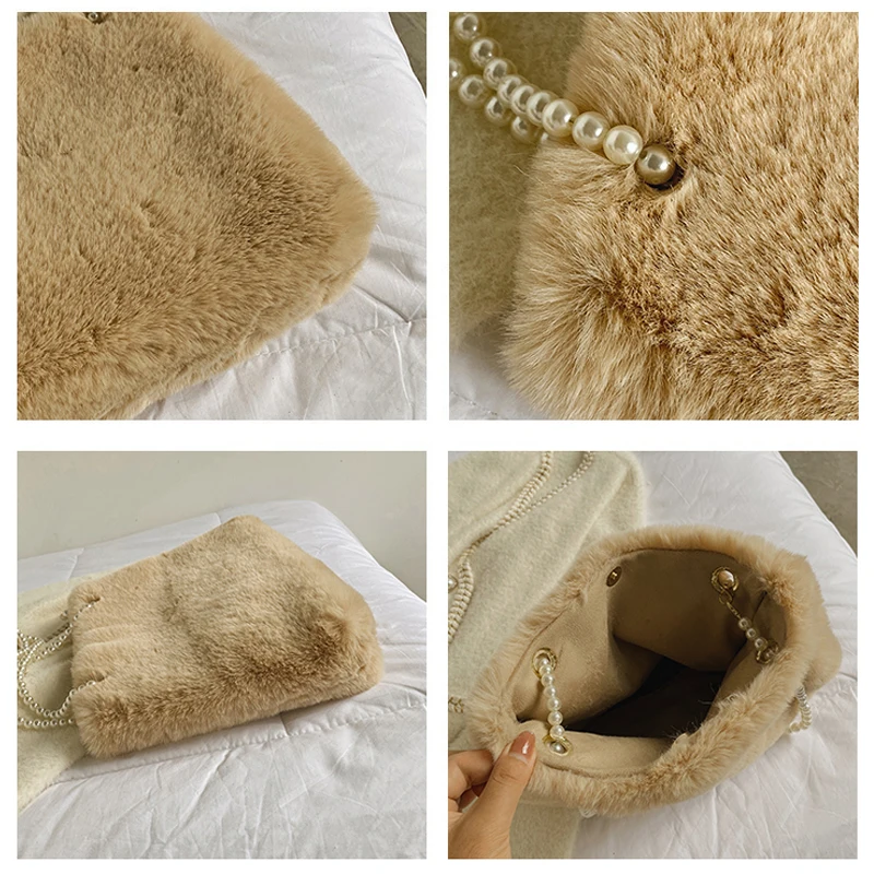 Plush Tote Bags Black Furry Luxury Designer Handbag Soft Fluffy Bag Pearl Fur Shoulders Bags For Women 2021 Winter Lady's Purse