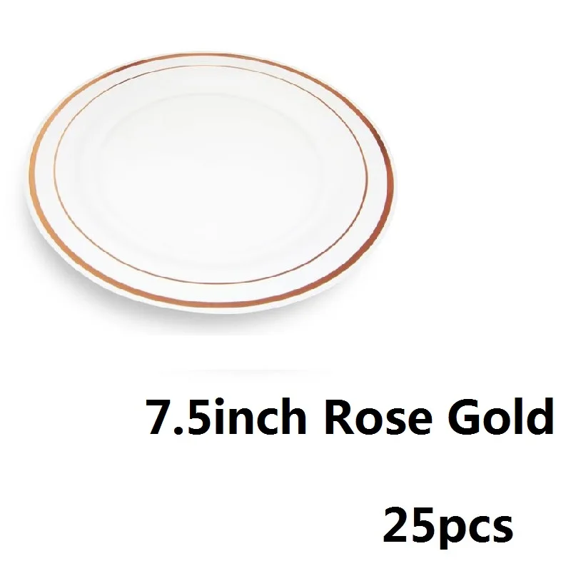Пластиковые вечерние тарелки с ободком из розового золота, одноразовые сверхпрочные обеденные тарелки, десертная закуска, поднос на свадьбу, день рождения, 25 шт - Цвет: Rose Gold7.5in