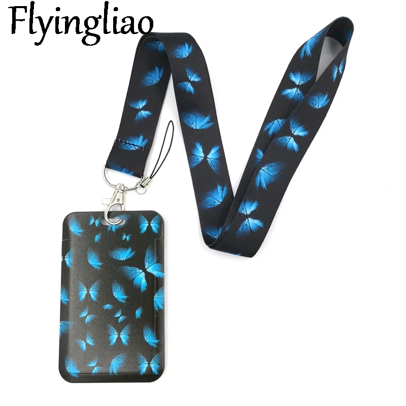 

Blue Monarch butterfly Credit Card ID Holder Bag Student Women Travel Bank Bus Business Card Cover Badge Gifts Lanyard Straps
