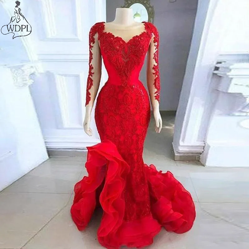 2020 Red Long Sleeve Evening Dresses Formal Vestidos Prom Gowns Mermaid Sheer Neck Lace Appliques Ruffles Bottom Long Evening Gowns