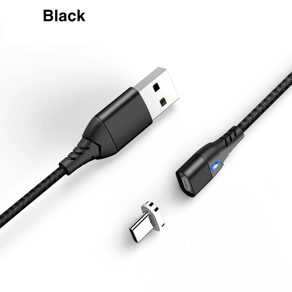 KISSCASE Micro USB Магнитный кабель 3A type C для iPhone samsung кабели 1 м светодиодный провод для быстрого заряда магнит телефон USB зарядное устройство кабель - Цвет: Черный