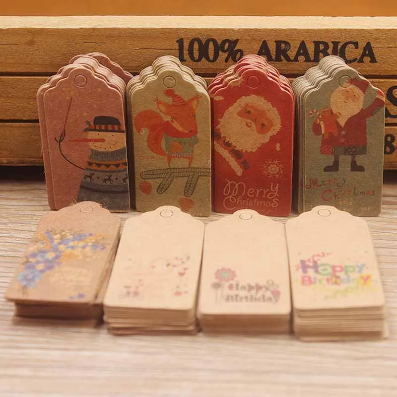 50 шт./лот, белые/крафт-печатные этикетки для подарков на Рождество и год для торта на день рождения, вечерние этикетки для одежды