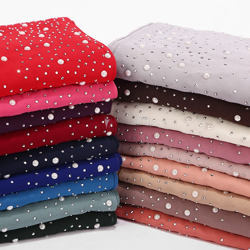 

Plain Hijab Shawls Wraps Solid Color Muslim Hijab Scarf Women's Bubbles Chiffon Scarf And Diamond Studs Pearls Scarf 50pcs/lot