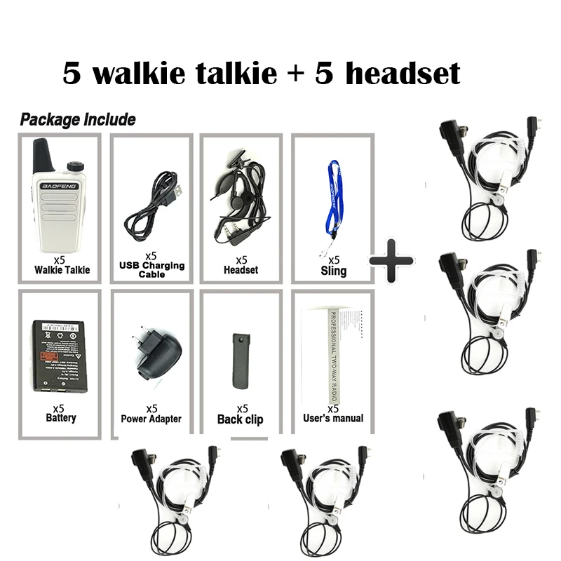 5 WhiteAdd 5 headset 5 шт. Baofeng BF-R5 мини Детская рация 2 Вт трансивер UHF VHF радио BF R5 портативный BFR5 радио Comunicador Ham рация - Цвет: 5 WhiteAdd 5 headset