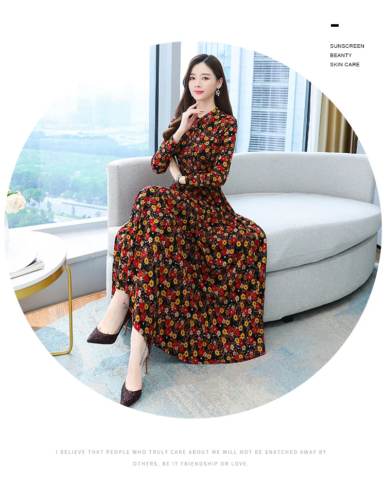 2021 Autumn New Arrival Hot Sale Stand Collar Flower Printed Long Sleeve Knitting Cotton A-LINE  Mid-Calf  Long Dress