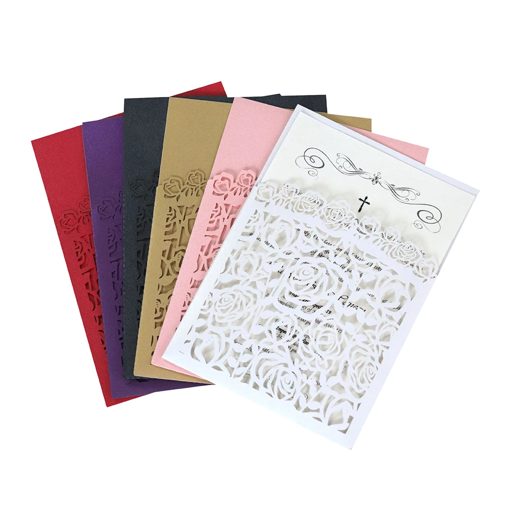  10pcs Laser Hollow Rose Group Pocket Wedding Invitation with Bow Invitation Card Decoration Card Co - 4.00052E+12