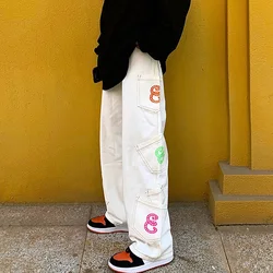 Pantalones Cargo rectos con estampado de letras y bolsillo Retro Para hombre y mujer, vaqueros de gran tamaño, ropa de calle Harajuku, informales, 2021