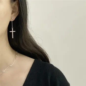 

POFUNUO 925 Sterling Silver Original Asymmetric Design Cross Stud Earrings Women Round Beads AAA Zircon Earrings Fine Jewelry