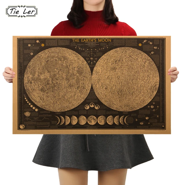 TIE LER papel Retro Vintage grande, póster de mapa del mundo de la luna de la tierra, gráfico de pared, decoración del hogar, pegatina de pared 1