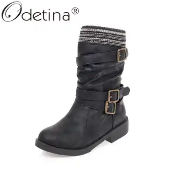 

Odetina Womens Vintage Slip On Pleated Round Toe Mid Calf Boots Lady Winter Block Chunky Heel Knitting Buckle Strap Slouch Boots