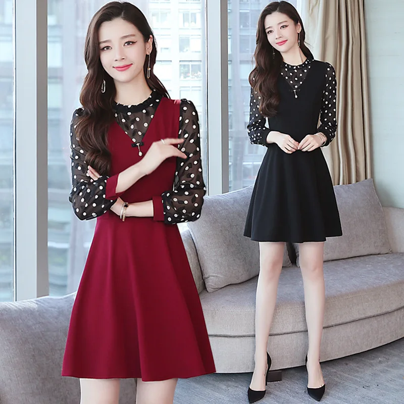 

2019 Autumn Clothing New Style Korean-style Dotted Slim Fit Slimming Waist Hugging Mid-length Dress Women's Fashion