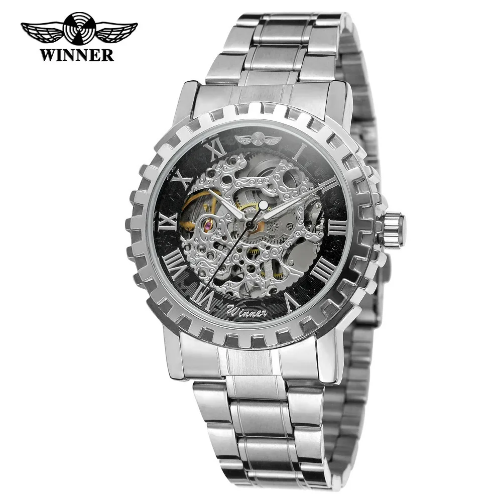 

Winner Watch Switzerland Fashion Casual Steel Belt Gear Dial Vintage Hollow out Fully Automatic Analog Watch