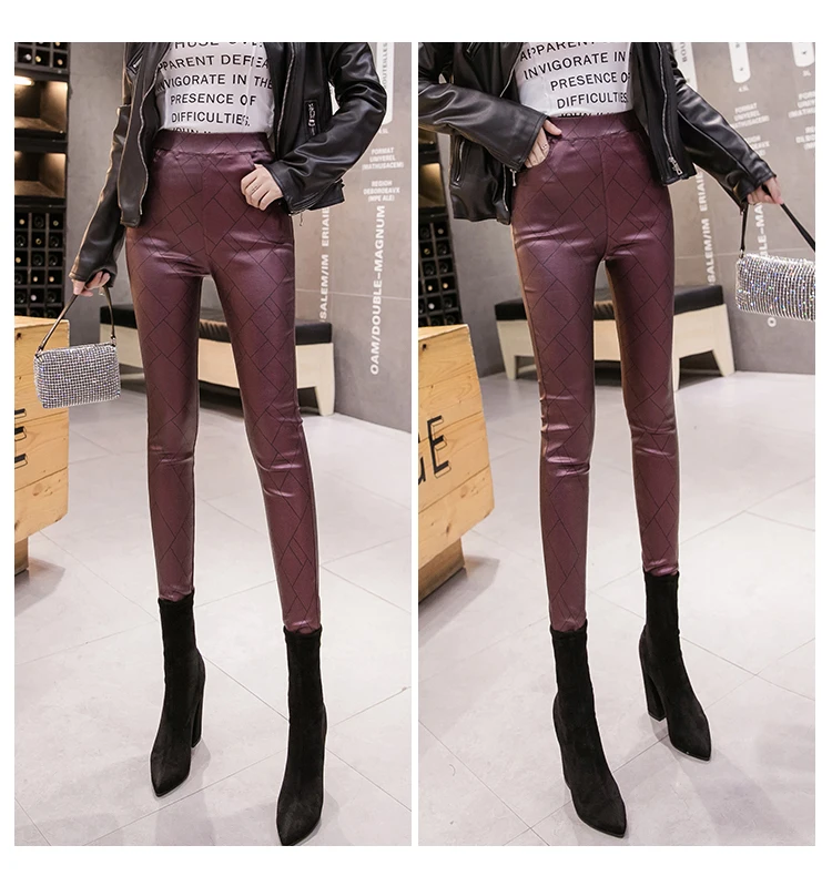 Модные осенне-зимние теплые женские брюки из искусственной кожи, бархатные леггинсы, женские узкие брюки, S-XXL, женские обтягивающие брюки, 7409 50