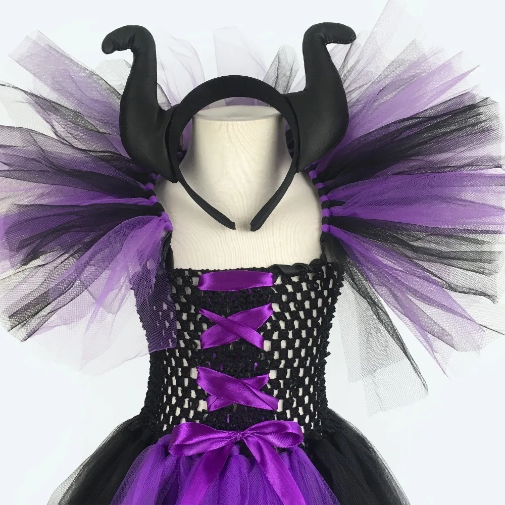 Maleficent/платье-пачка ведьмы для девочек; детское платье из тюля, вязаное крючком; Цвет черный, фиолетовый; бальное платье с бантом для волос; Детский костюм на Хэллоуин; платье