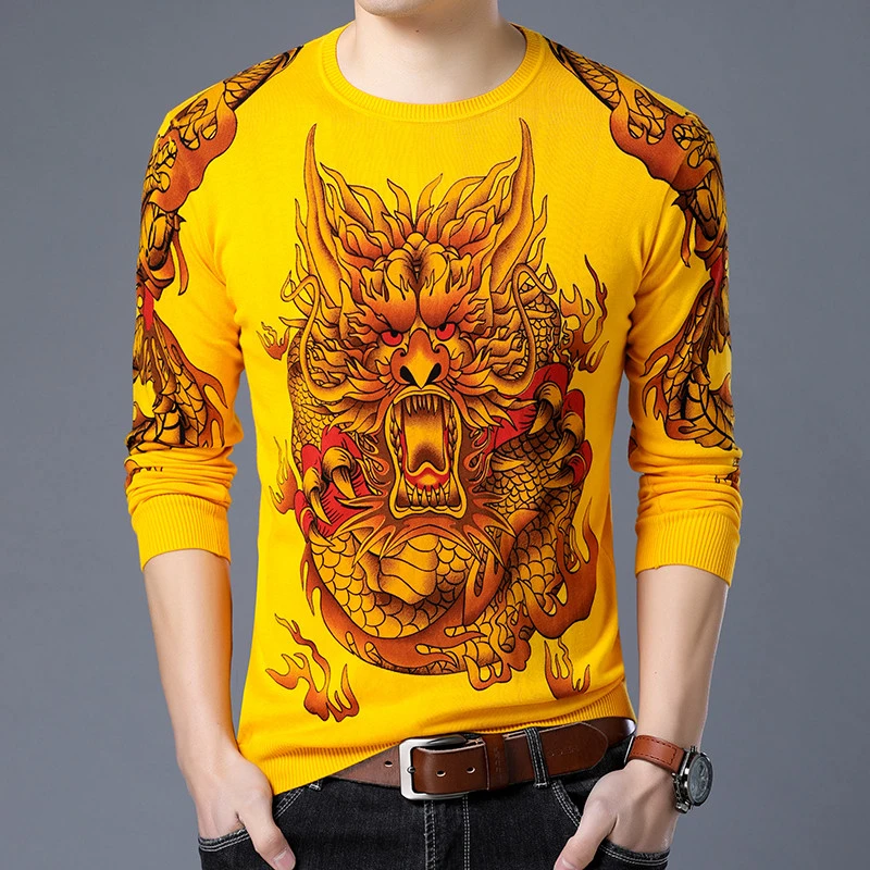 Chinese Painting Fashion Pullover Erkek Kazak Animal Printed Sweater Men Slim Fit Pull Homme Chompas Hombre 2020 Clothes | Мужская