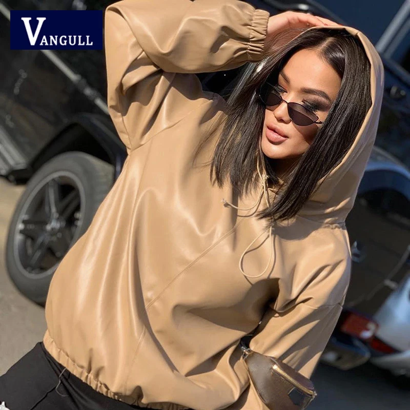 

Vangull Faux Leather Hooded Women Spring Autumn New Solid Vintage Sweatshirt Long Sleeve Hoodie Streetwear Casual Pullover Tops