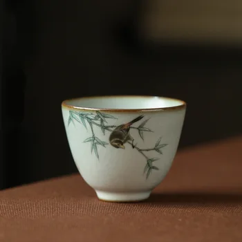 

80ml Flowers birds Chinese Retro Handmade Random Texture Color Glaze High Temperature Firing Ceramic Teacup Porcelain teacup