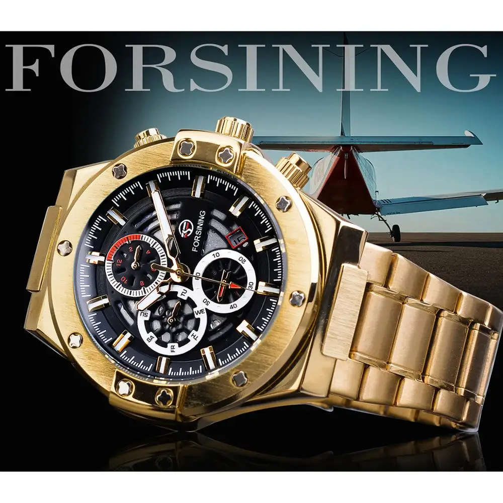 Forsining, мужские механические часы, автоматические, золотые, с календарем, бизнес, стальные часы, военные, спортивные, мужские наручные часы, Relogio Masculino