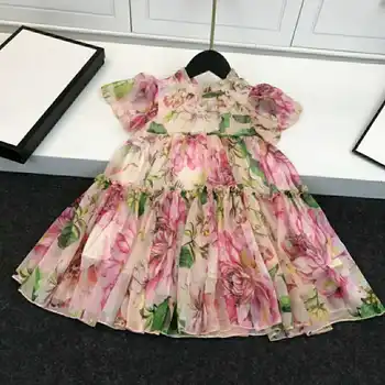 

Y3178 2020 New summer girl dress elegant flowers pleated stitching half turtleneck dress for big girls
