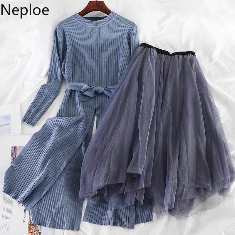 Neploe/простое платье-свитер с перекрестным крестиком+ кружевная юбка с высокой талией, элегантный осенне-зимний женский комплект из 2 предметов, 46765