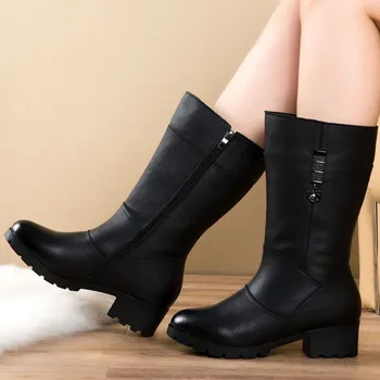 

Female Women Ladies Mother Genuine Leather Shoes Boots Mid Calf Zip Winter Fur Plush Warm Bling Plus Size 43 BH-662