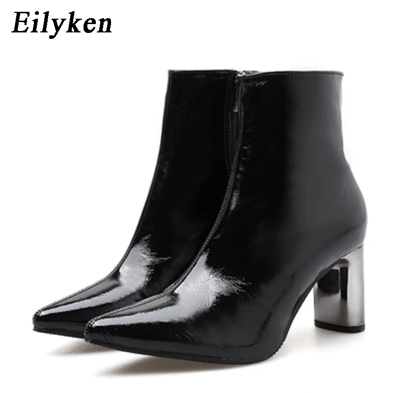 

Eilyken 2020 Winter New Patent Leather Boots Women Ankle Boot Female Pointed Toe Party High Heels Shoes Ladies Zipper Boot Shoes