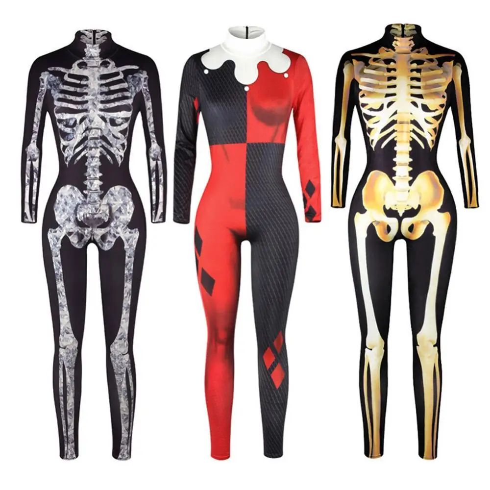 Costume Women Halloween Long Seeve Scary Skeleton Print Jumpsuit Bodysuits 2021 Digital Printing Cosplay Bodycon Party Costume 2021 women wide leg long pants sleeveless jumpsuit female rompers casual loose summer floral print sling high waist jumpsuits