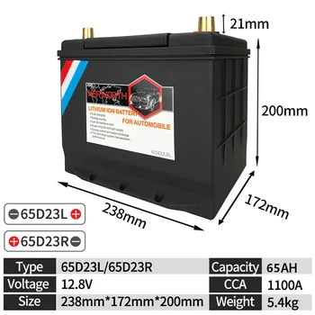 

65D23L/R Motor Car battery Jump Starter 12V 65AH CCA1100A LiFePO4 Rechargeable lithium battery pack With BMS Voltage Protection