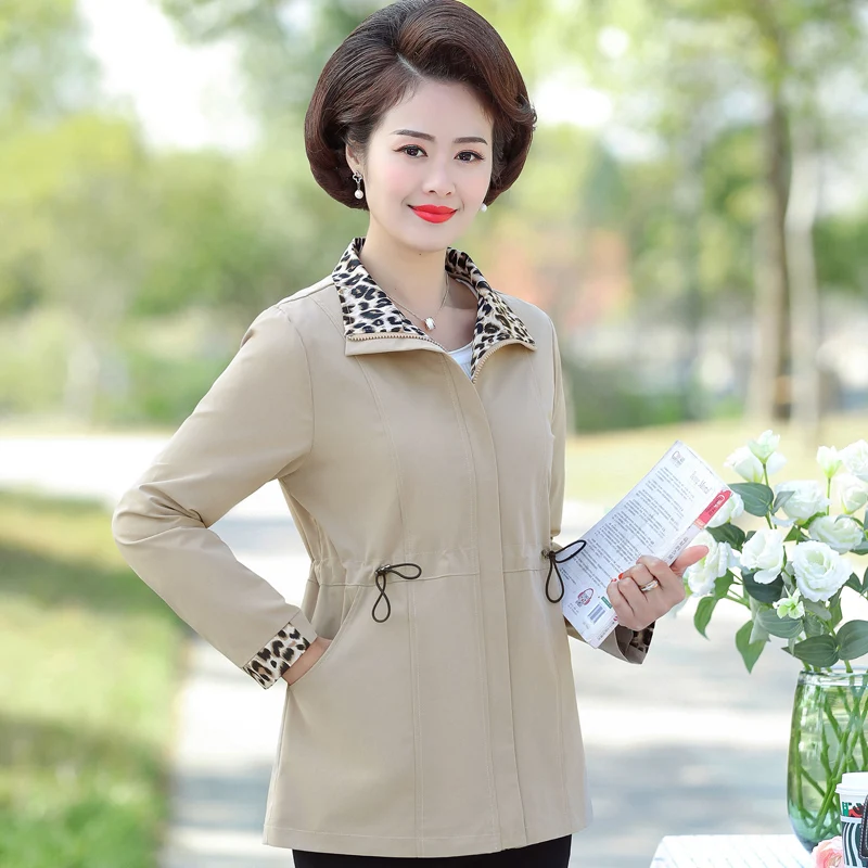 

Middle-Aged Women Windbreaker Spring Autumn Jacket Coat Long-Sleeved Zipper Leopard Plus Size Casual Outerwear & Coats