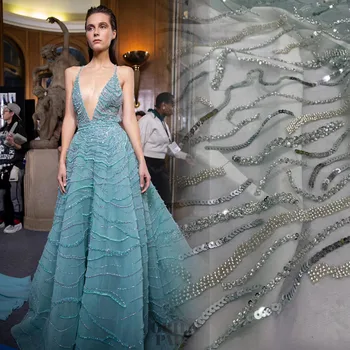 

2020 New style beads and Sequins off white light Green High End Africa French Sparkle bridal party dress Tulle lace fabric