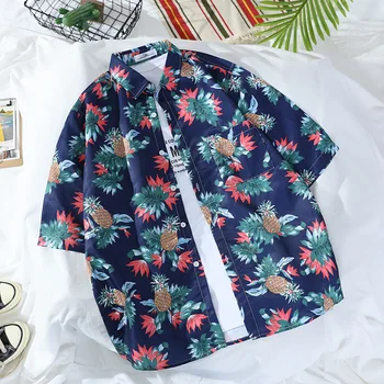 

Men's new short-sleeved beach pineapple print fashion casual slim business shirt men and women go with Asian sizes XXL