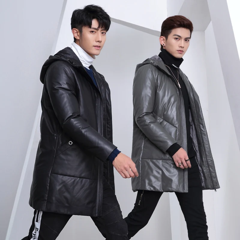 High Quality Sheepskin Leather Down Jacket 90% White Duck Down Men Long Warm Hooded Loose Winter Down Coat Genuine Leather Coats