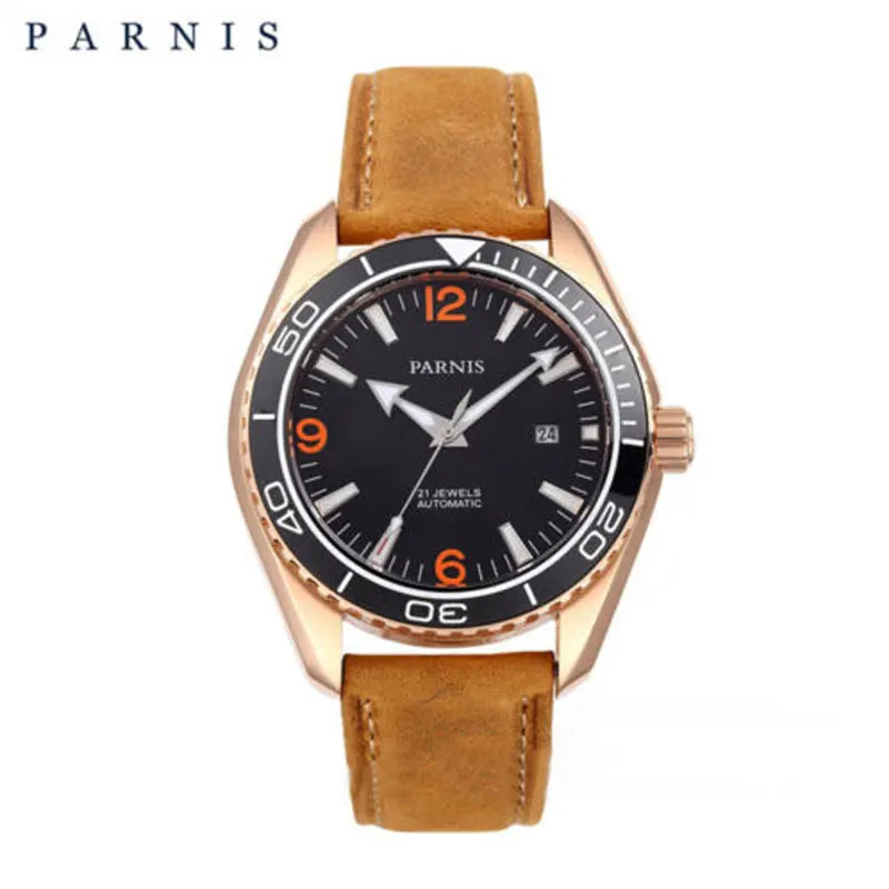 Rose Golden 45 мм PARNIS черный циферблат сапфировое стекло 21 jewels Miyota автоматические мужские часы - Цвет: Rose Golden