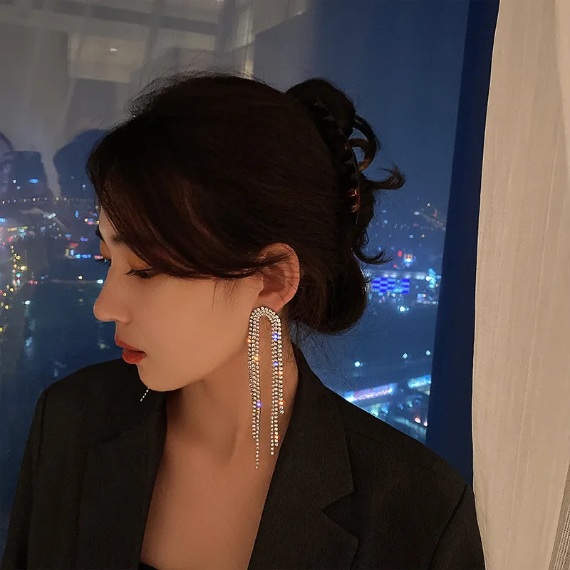 Long Tassel Crystal Drop Earrings for Women Geometric Full Rhinestone Earrings Statement Jewelry Gifts