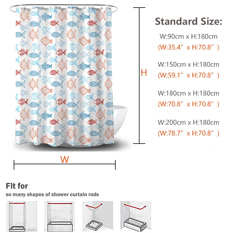 YIANSHU Cartoon Fish Waterproof Shower Curtains Easy Clean Moldproof Bathroom Shower Curtain Modern Bathroom Shower Curtain