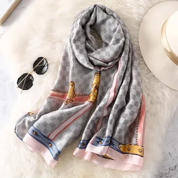 

2019 New Female Korean Fashion Plaid Long Shawl Dual-use Winter Warm Print Leather Buckle Collar Gray Powder Curling >175cm