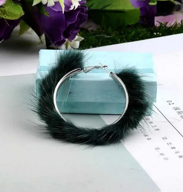 Серьги-кольца из натурального меха норки 5 см, большие размеры, серьги-кольца из меха енота, теплые рождественские подарки, круглые серьги для зимы, круглые украшения - Окраска металла: green