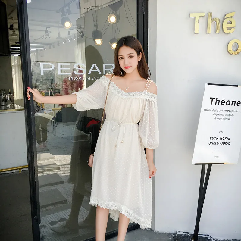 spring and summer fashion maternity shoulderless clothes new pregnant women chiffon patchwork lace dress sweet