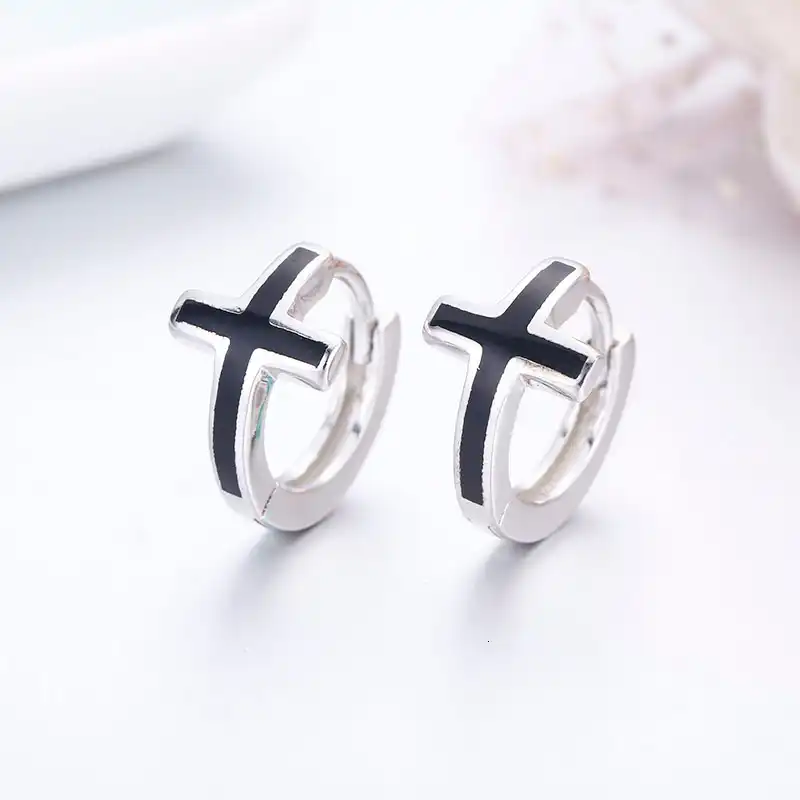 Черный крест 925 серебряные Круги маленькие петли Huggie серьги-кольца для женщин и мужчин ювелирные изделия Aros Artes ohrrringe сережки