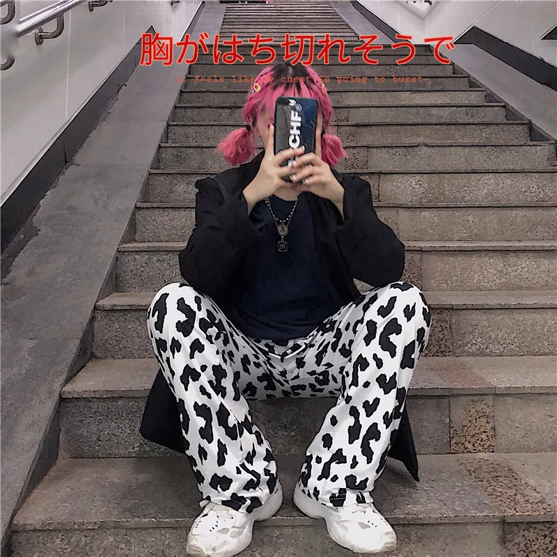 Deeptown Cow Print Wide Leg Pants for Women Korean Style Oversized Women Fashion Pants Harajuku Autumn 2020 Plus Size Trousers