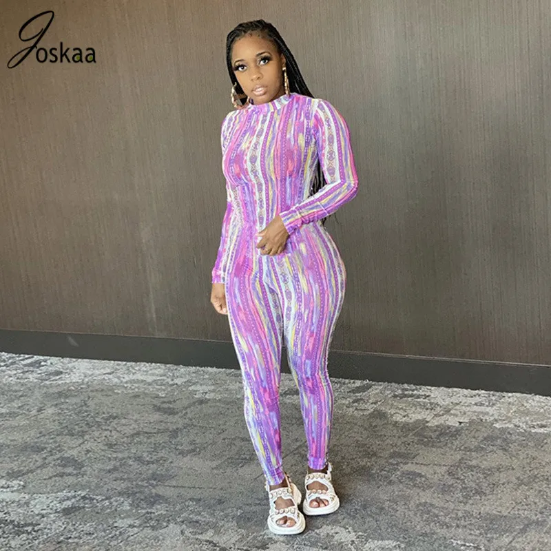 Joskaa Print Sheer Mesh Long Sleeve Bodycon Jumpsuit Women Sexy Clothes Clubwear See Through One Piece Party Brithday Outfit Joskaa Print Sheer Mesh Long Sleeve Bodycon Jumpsuit Women Sexy Clothes Clubwear See Through One Piece Party Brithday Outfit