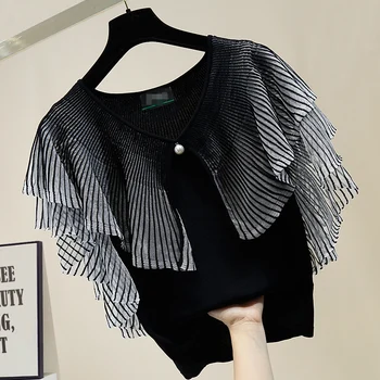 

Knitted T-shirt for Women Sweet Lotus Leaf Large Lapel Stitching Butterfly Sleeve Thin V-neck Top T Shirts Ladies Tops